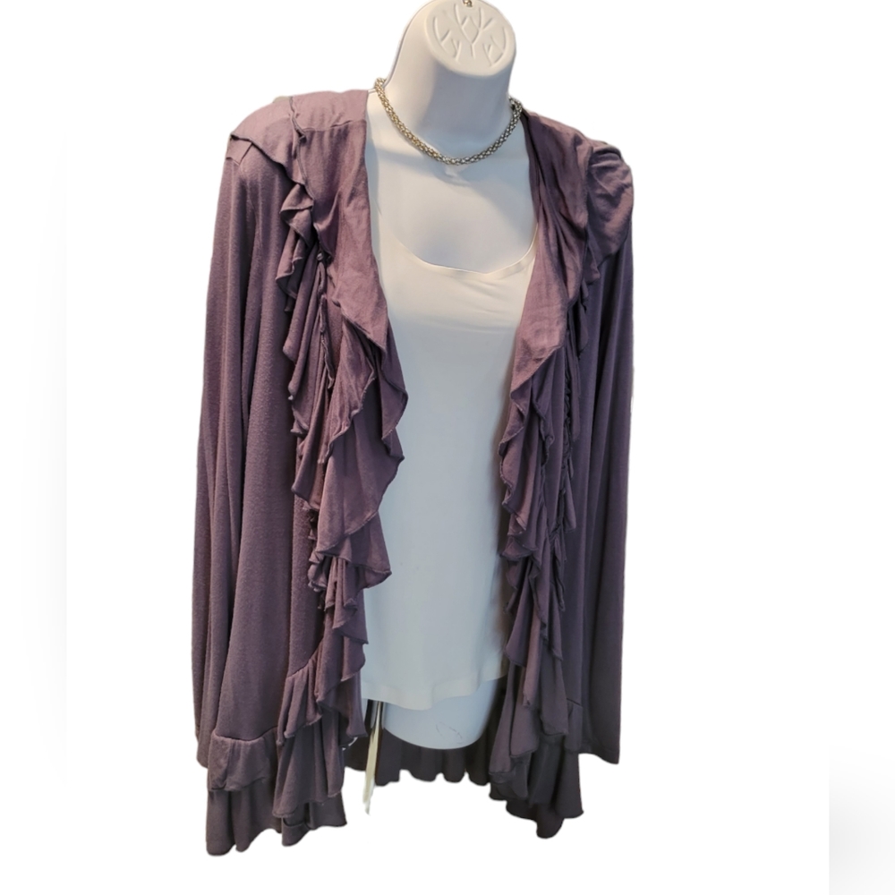 Camille & Co Womens Gray Long Sleeve Ruffle Open Cardigan Size L